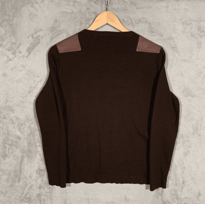 ralph lauren brown sweater with leather shoulders.